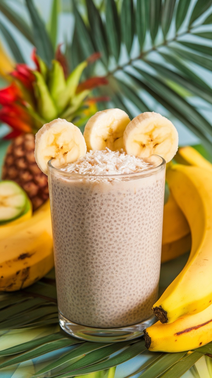 A refreshing coconut chia seed smoothie garnished with banana slices and shredded coconut, surrounded by tropical fruits.